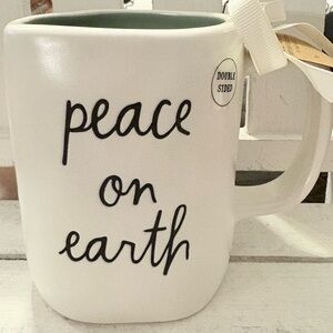 Rae Dunn Cream Mug with Black 'Peace on Earth' Text
